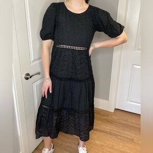 Women's Black Eyelet Midi Dress with Puff Sleeves